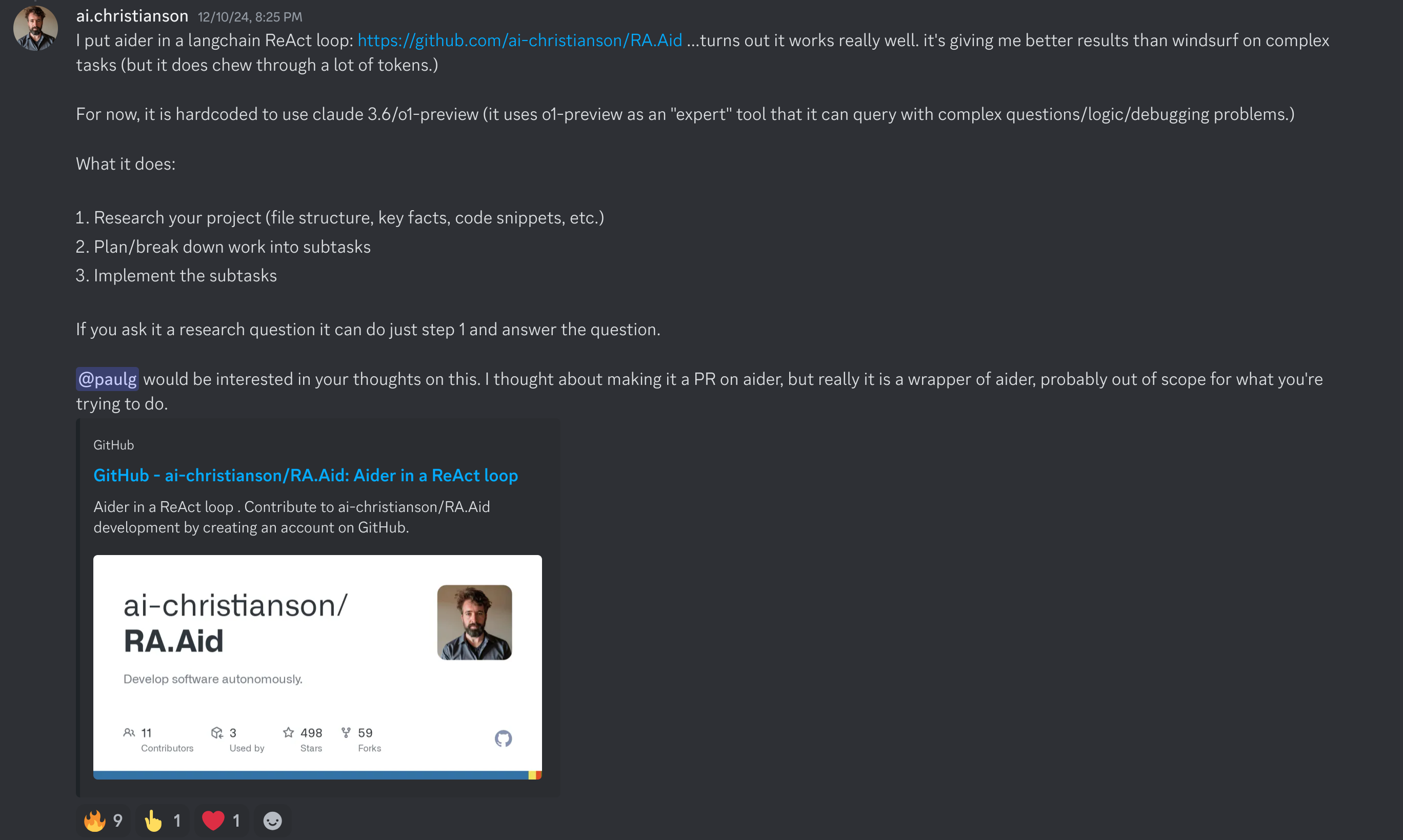 The beginning of our journey: RA.Aid's initial announcement in the Aider Discord